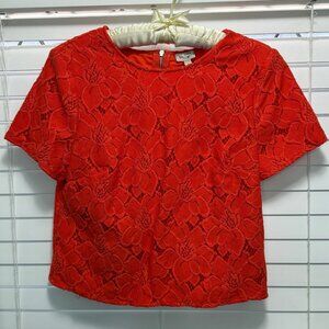 Cremey orange lace round neck short sleeve dressy crop top; Size S